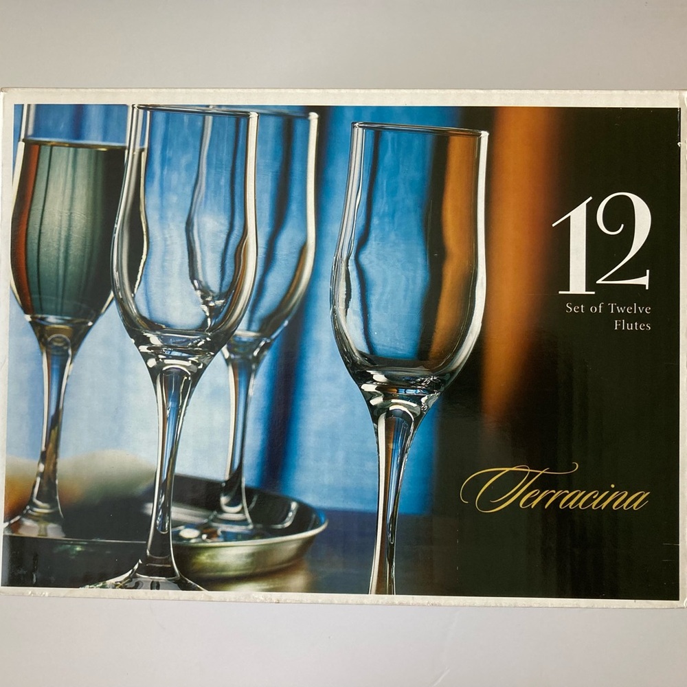 12 Terracina Flutes Wine Glasses Vintage Box Set New